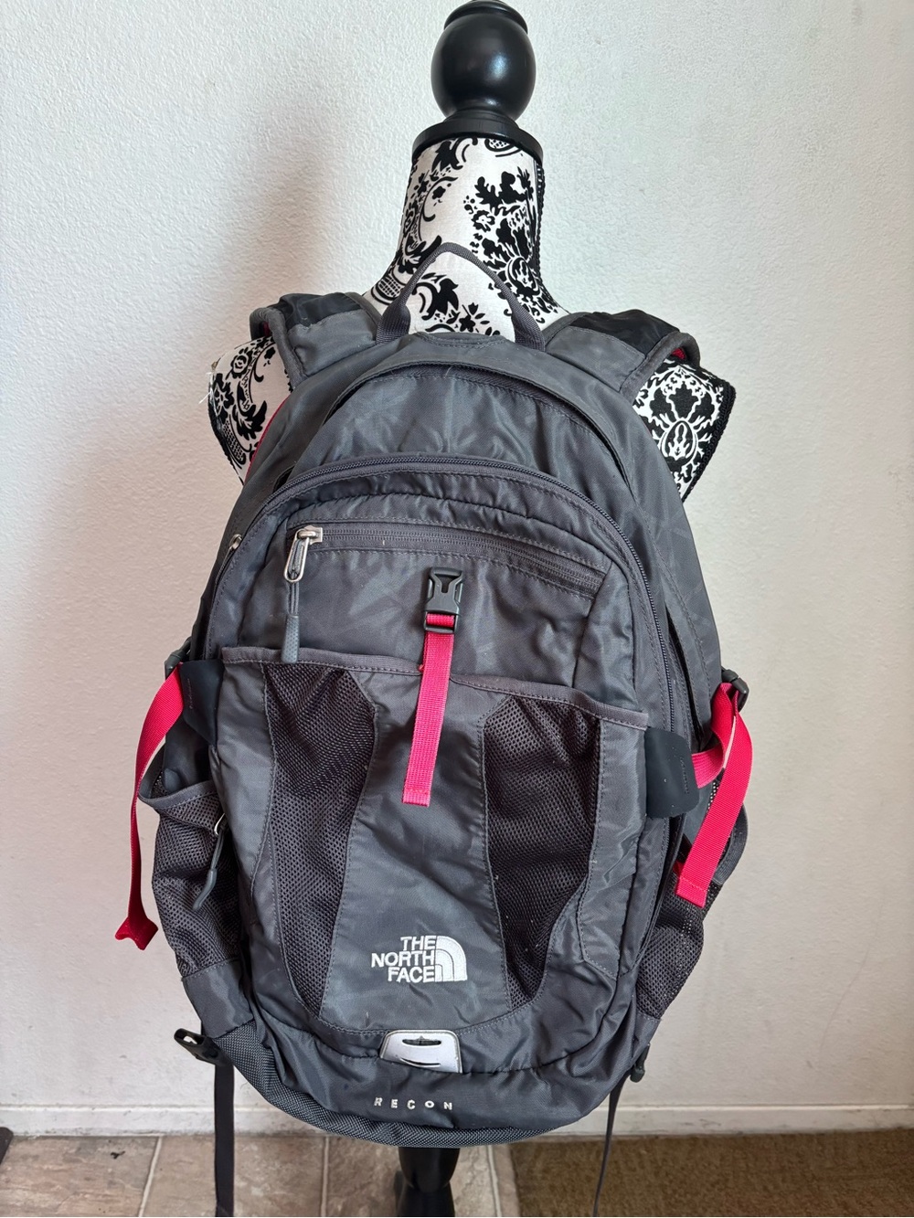 The North Face Recon Gray Backpack with Pink Accents